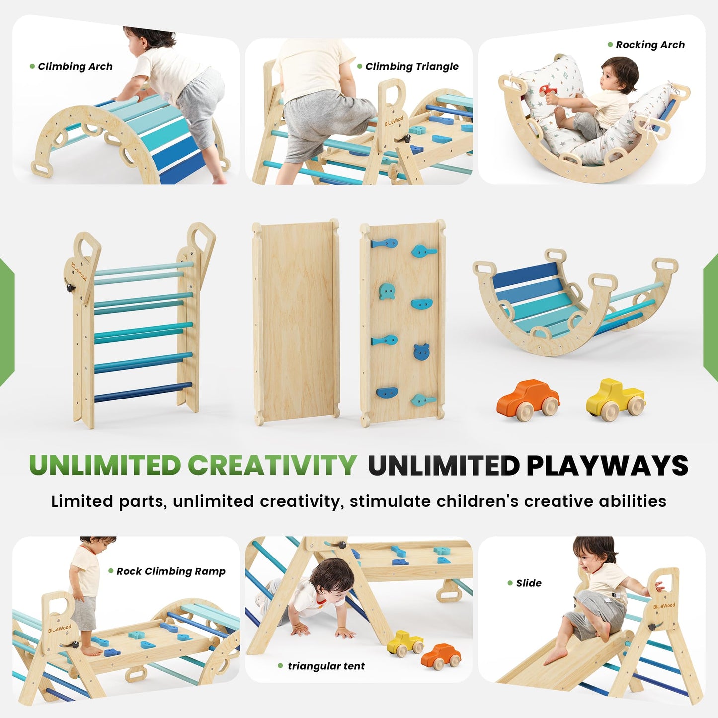 BlueWood Pikler Triangle Set with Cushion – 9-in-1 Montessori Climbing Toy for Toddlers (Blue)