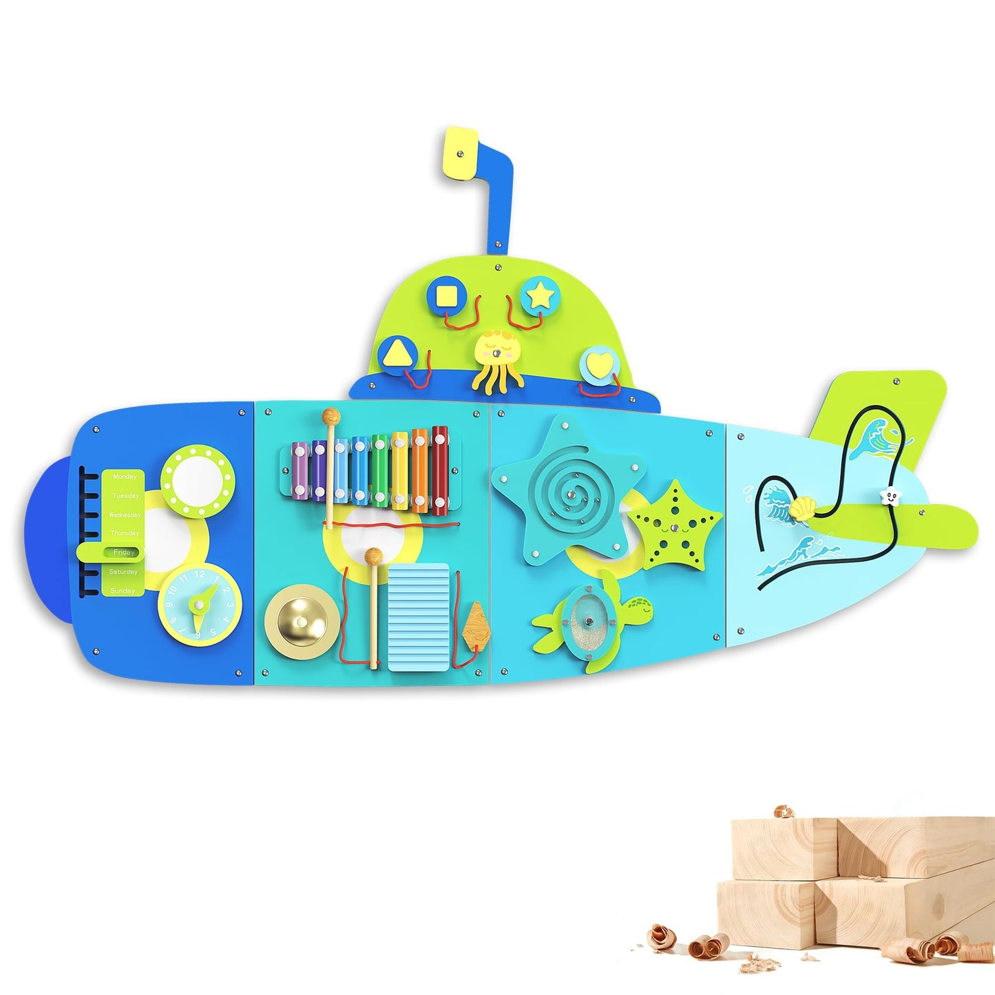 BlueWood Submarine Busy Board – Montessori Sensory Wall Panel for Toddlers