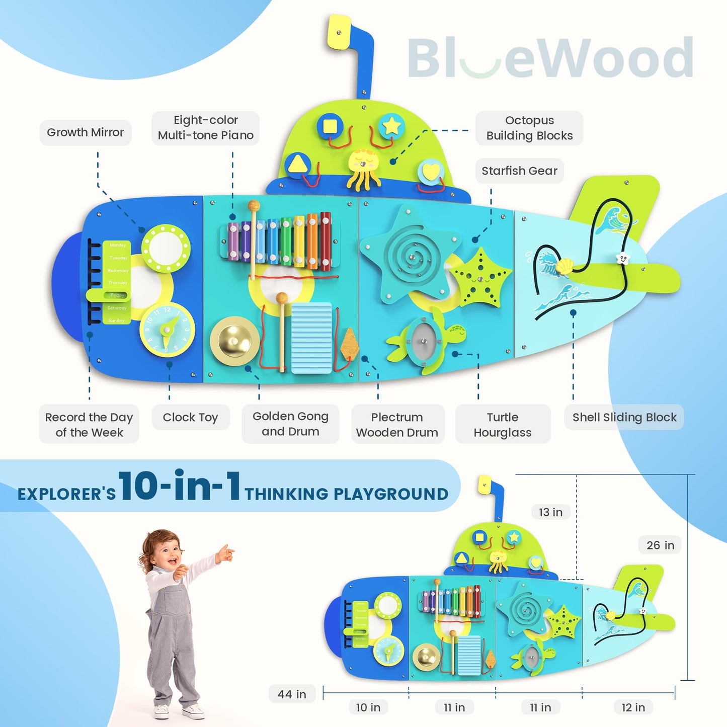 BlueWood Submarine Busy Board – Montessori Sensory Wall Panel for Toddlers