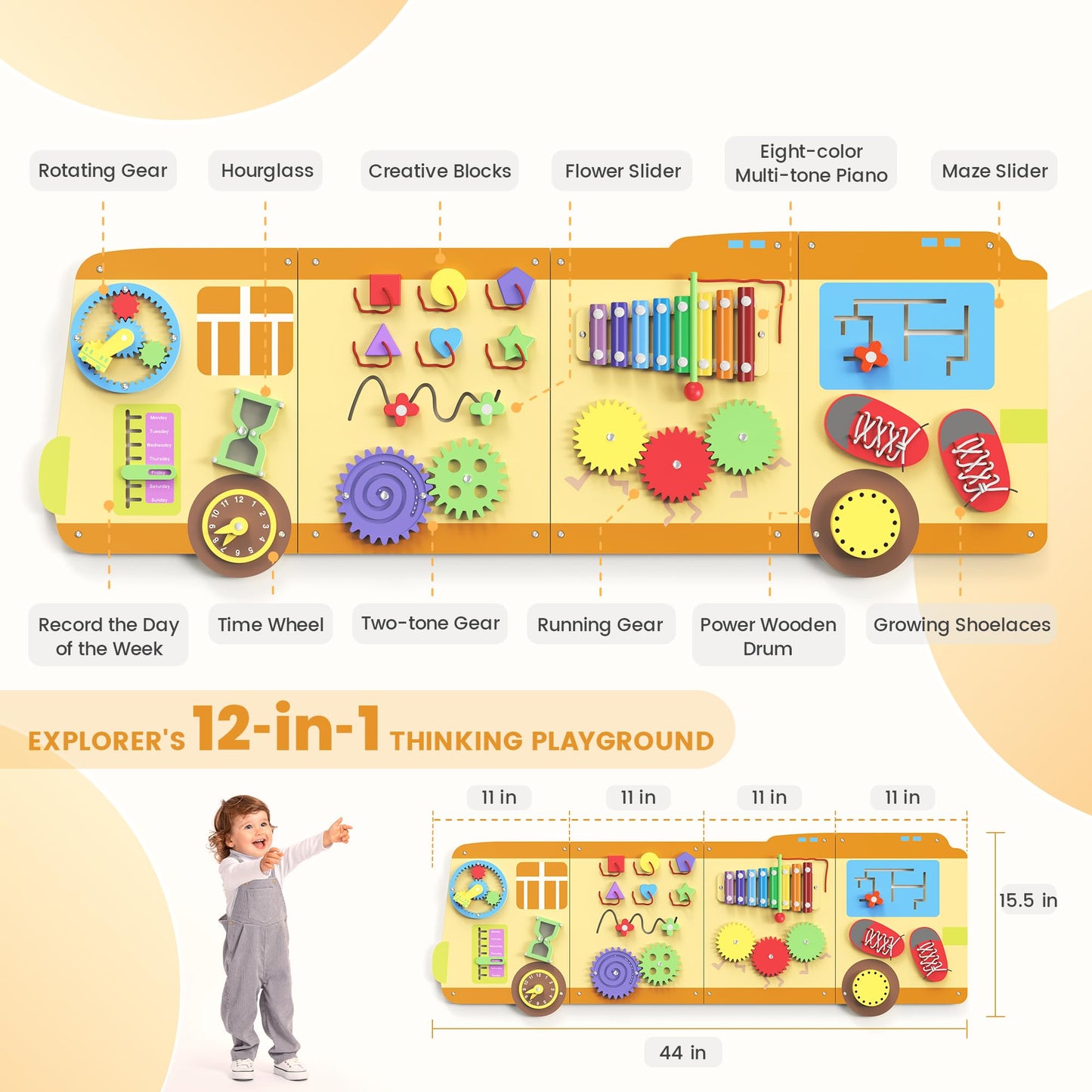 BlueWood Wooden Wall Busy Board Panels – Toddler Learning Center, Montessori Sensory Toy (School Bus)