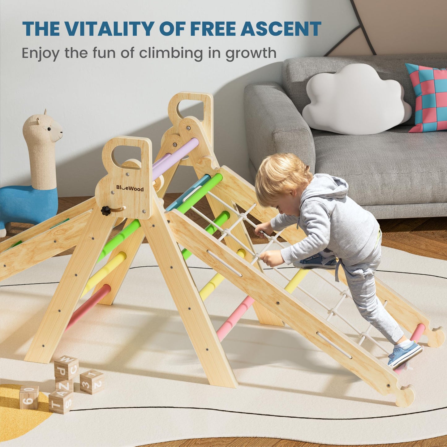 BlueWood 8-in-1 Pikler Triangle Climbing Set - Rainbow | Indoor Toddler Playground