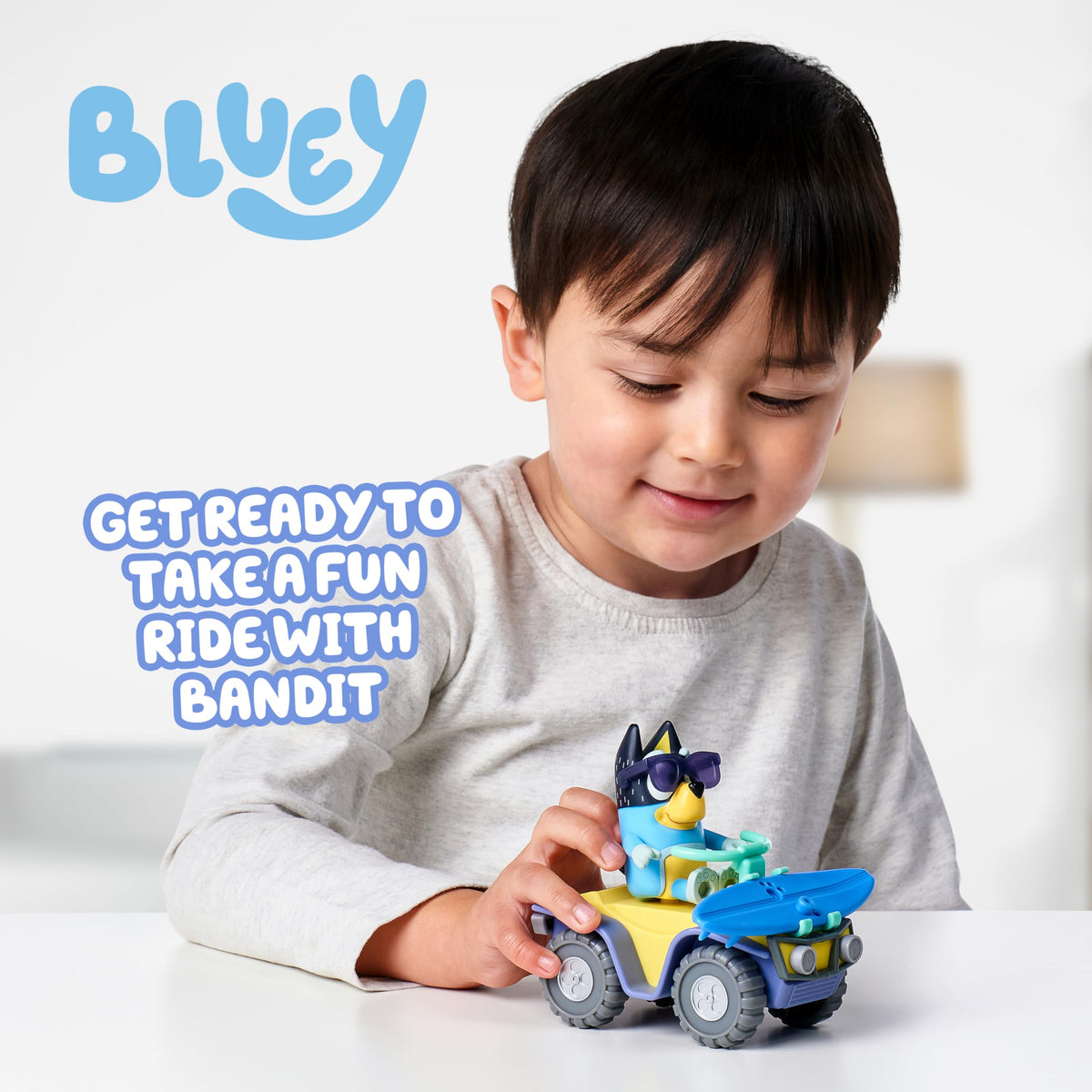 Bluey Bandit Surf Beach Toy Set – Exclusive 3-Inch Poseable Bandit Figure, Quad Bike & Surfboard