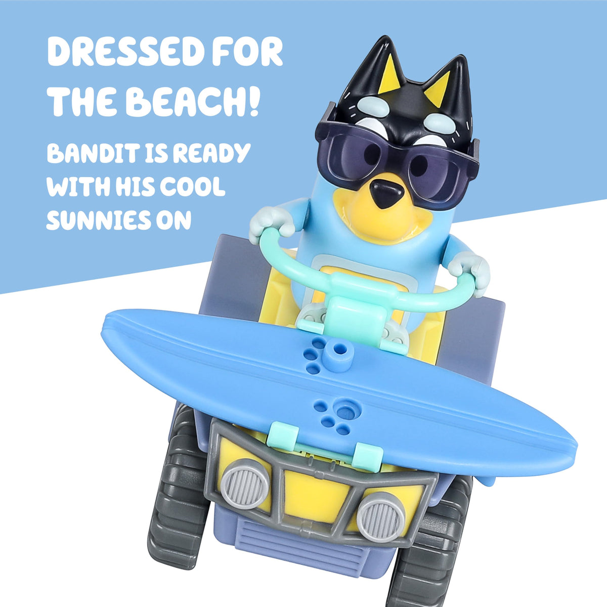 Bluey Bandit Surf Beach Toy Set – Exclusive 3-Inch Poseable Bandit Figure, Quad Bike & Surfboard