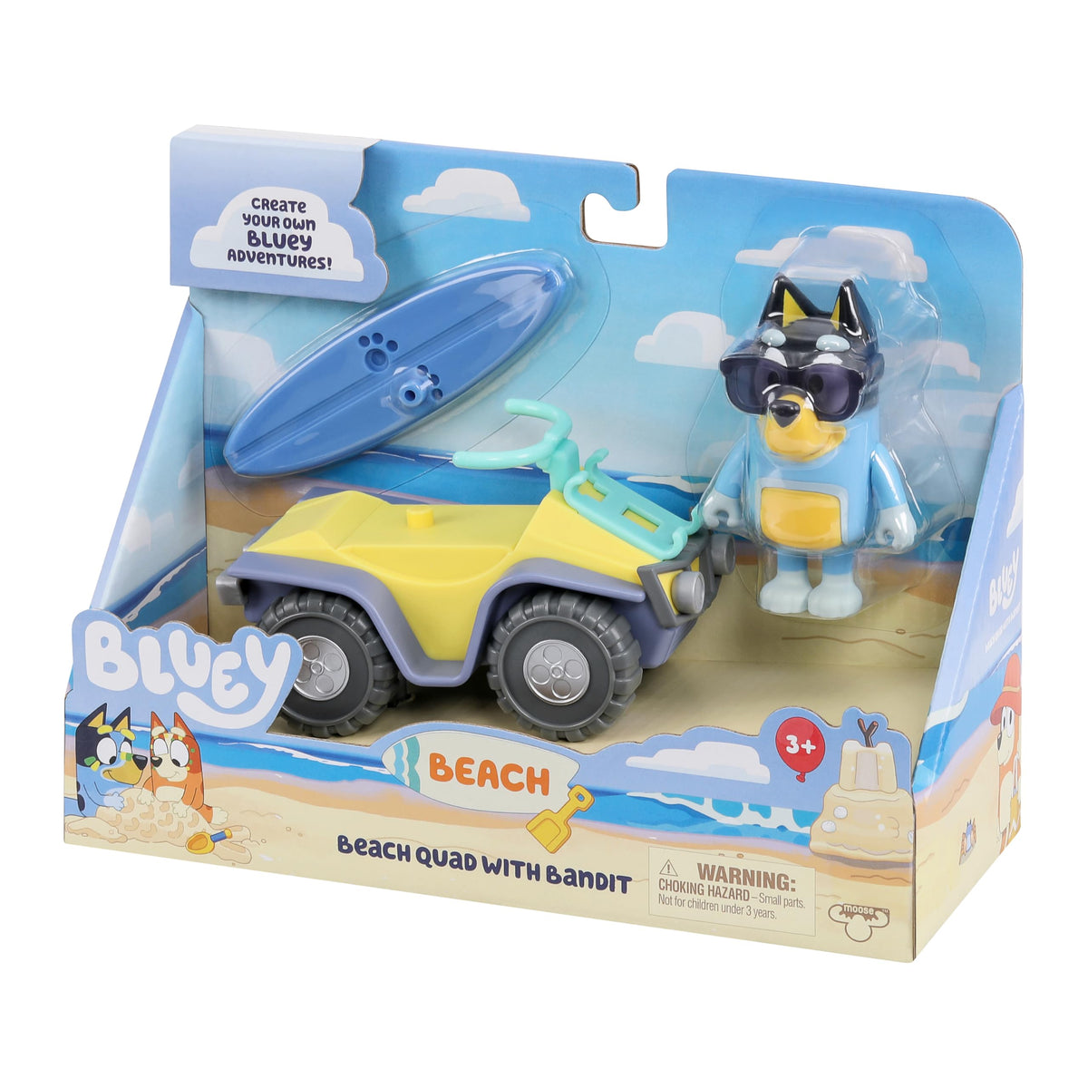 Bluey Bandit Surf Beach Toy Set – Exclusive 3-Inch Poseable Bandit Figure, Quad Bike & Surfboard