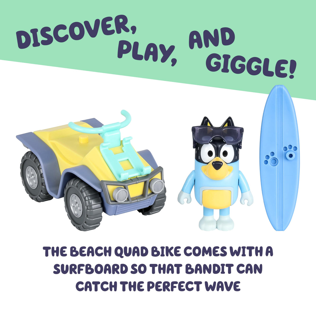 Bluey Bandit Surf Beach Toy Set – Exclusive 3-Inch Poseable Bandit Figure, Quad Bike & Surfboard