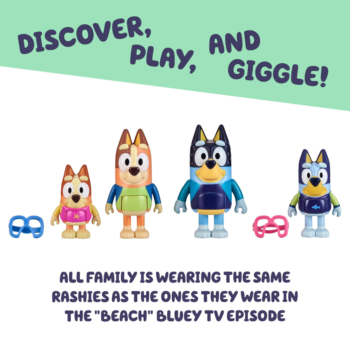 Bluey Beach Day Figures 4-Pack – Chilli, Bandit, Bingo & Bluey with Beach Bag