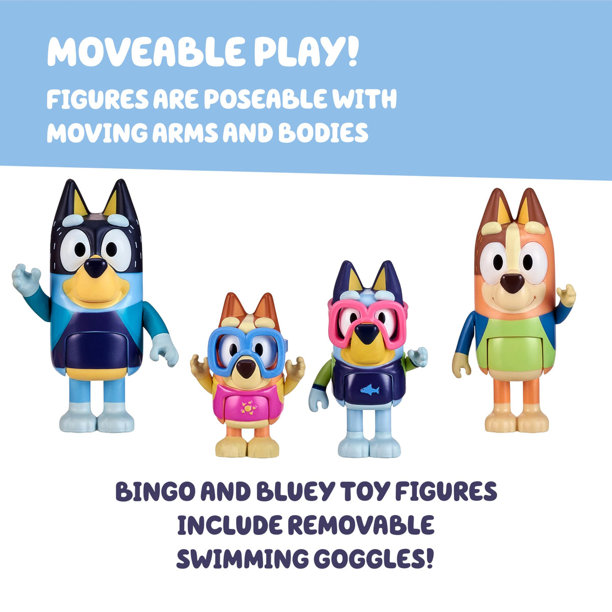 Bluey Beach Day Figures 4-Pack – Chilli, Bandit, Bingo & Bluey with Beach Bag