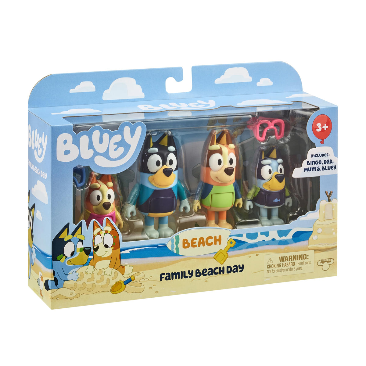 Bluey Beach Day Figures 4-Pack – Chilli, Bandit, Bingo & Bluey with Beach Bag