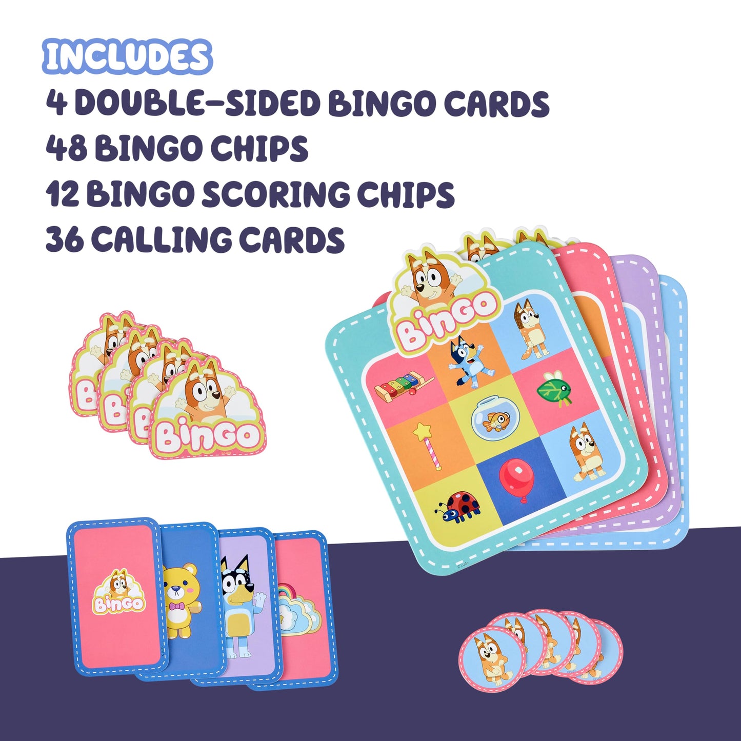 Bluey Bingo’s Bingo Card Game — Kids Image Matching with 40 Cards, 48 Chips & 12 Scoring Chips