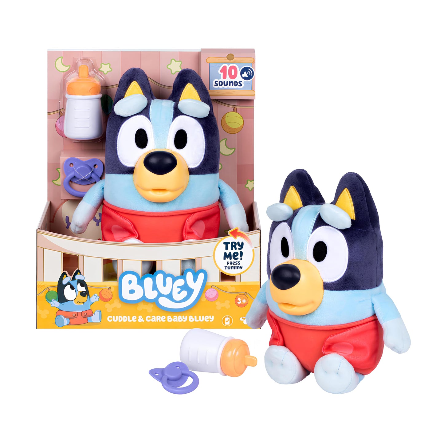 Bluey Care and Cuddle Soft Baby Toy Plush – 11” Interactive Plush with 10 Sounds (Ages 3+)