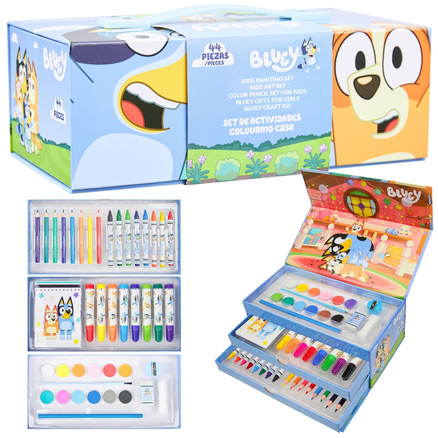 Bluey Colored Pencils Art Kit – Travel Case for Kids (Blue 3 Tier)