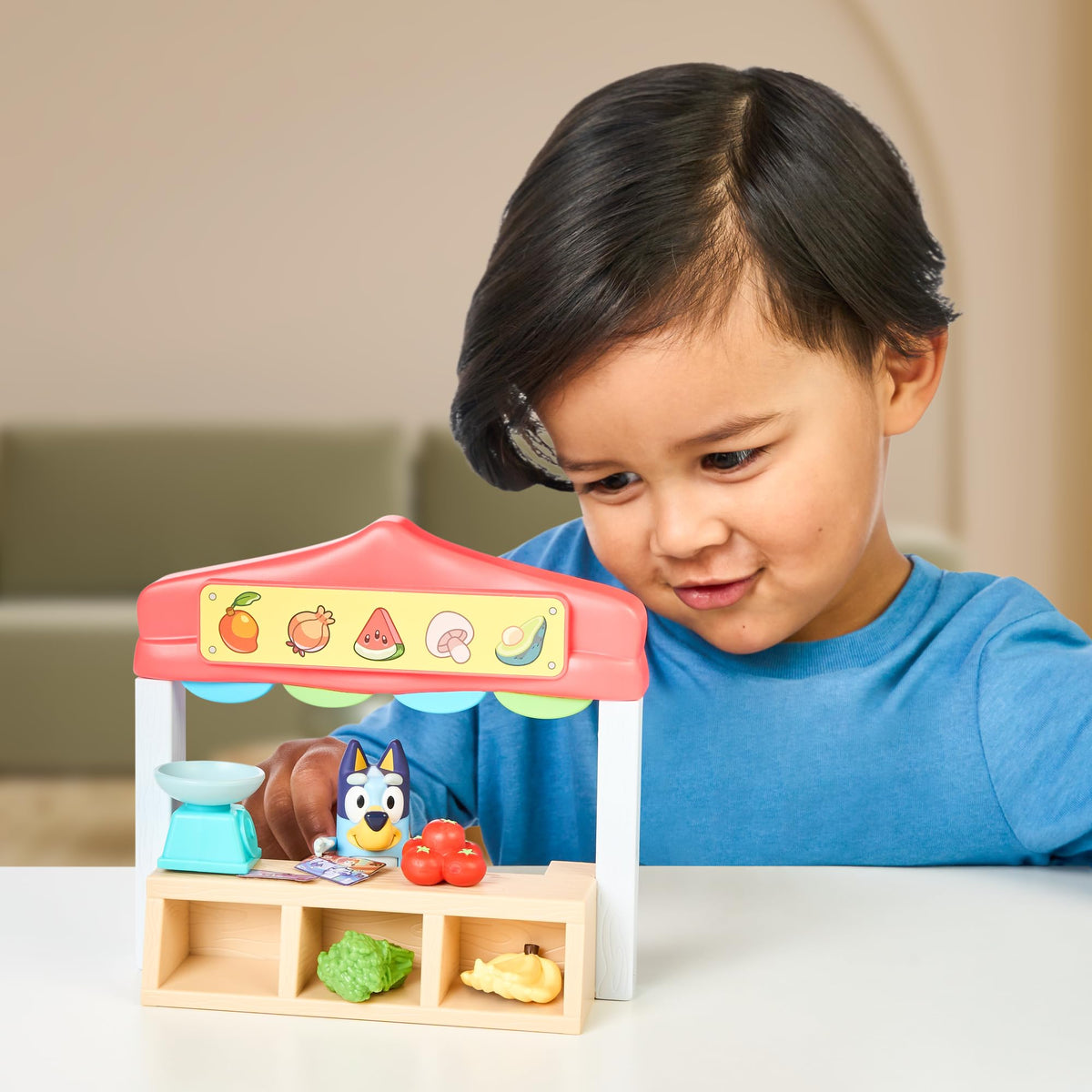 Bluey Farmers Market Playset — Interactive Toy Store with Figurine, Scale, Bucks & Food Items