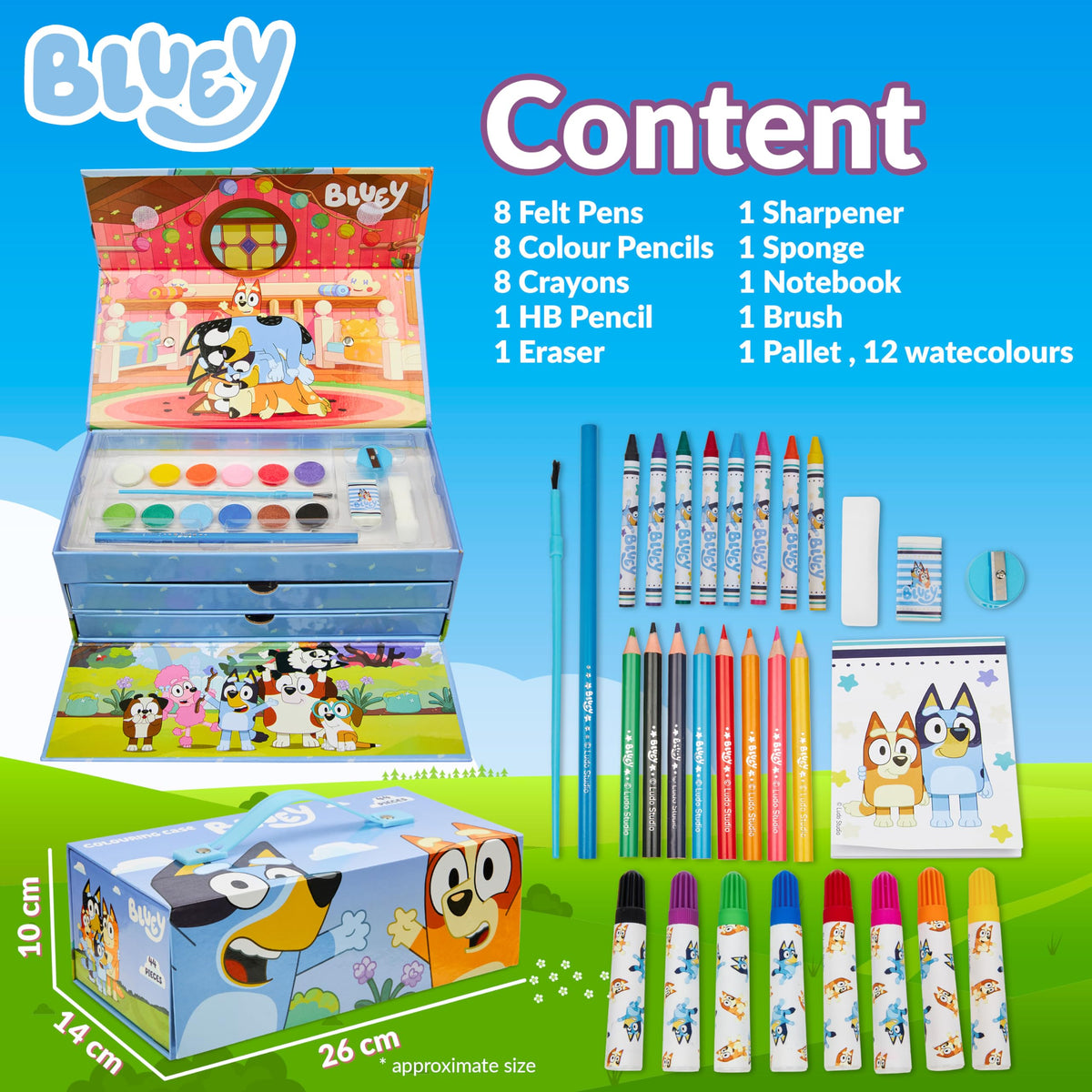 Bluey Colored Pencils Art Kit – Travel Case for Kids (Blue 3 Tier)