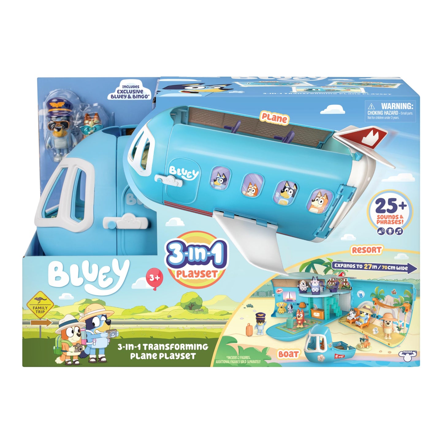 Bluey 3-in-1 Transforming Airplane Toy Playset – Plane, Resort & Boat with 2 Exclusive Figures
