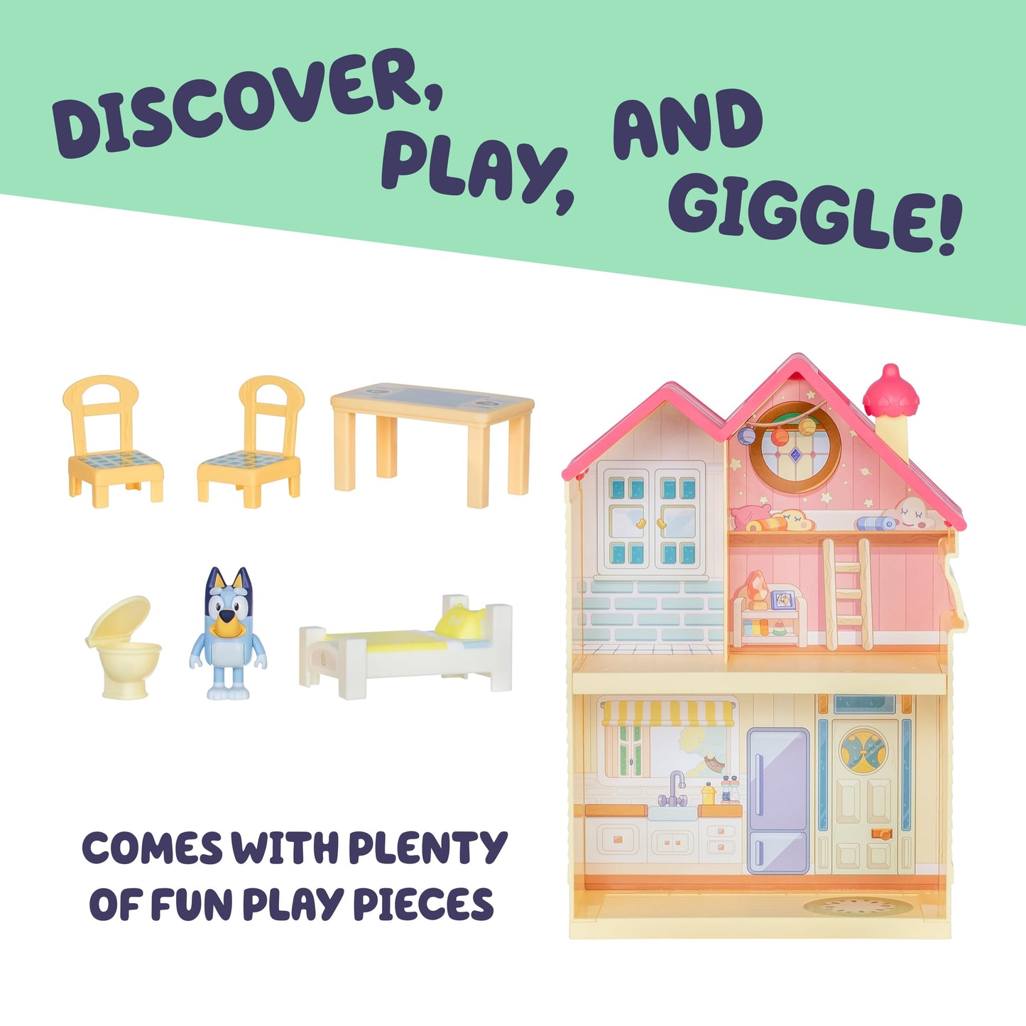Bluey Mini House Playset – 2.5-Inch Figure, 5 Accessories, 3 Rooms, Carry Handle | Compact Travel Toy