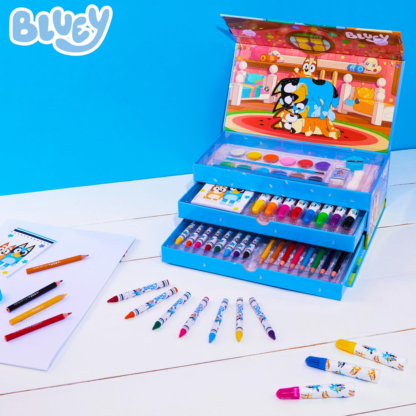 Bluey Colored Pencils Art Kit – Travel Case for Kids (Blue 3 Tier)