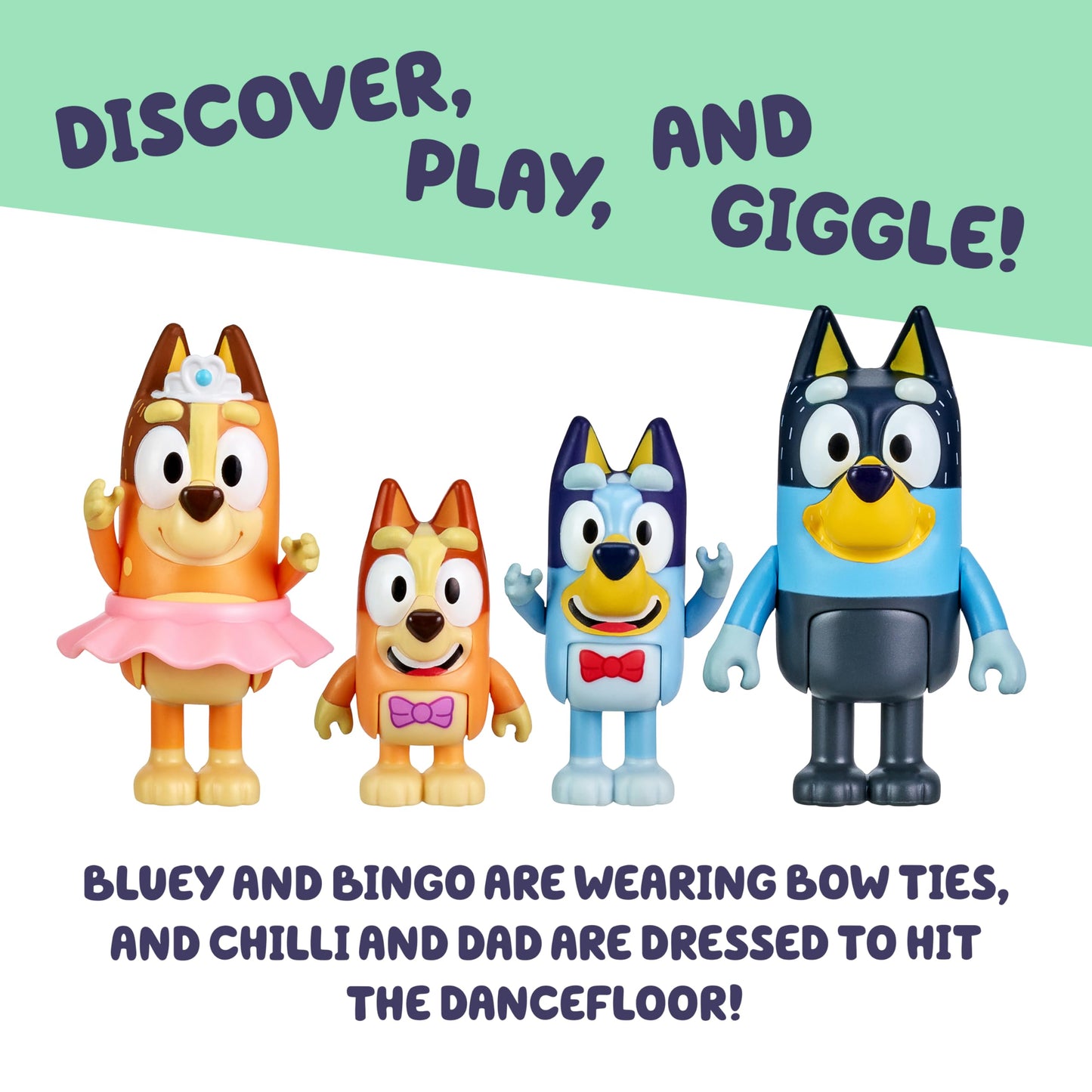 Bluey Showtime Figurine Toys Pack of 4 – Articulated Family Characters for Kids Aged 3+