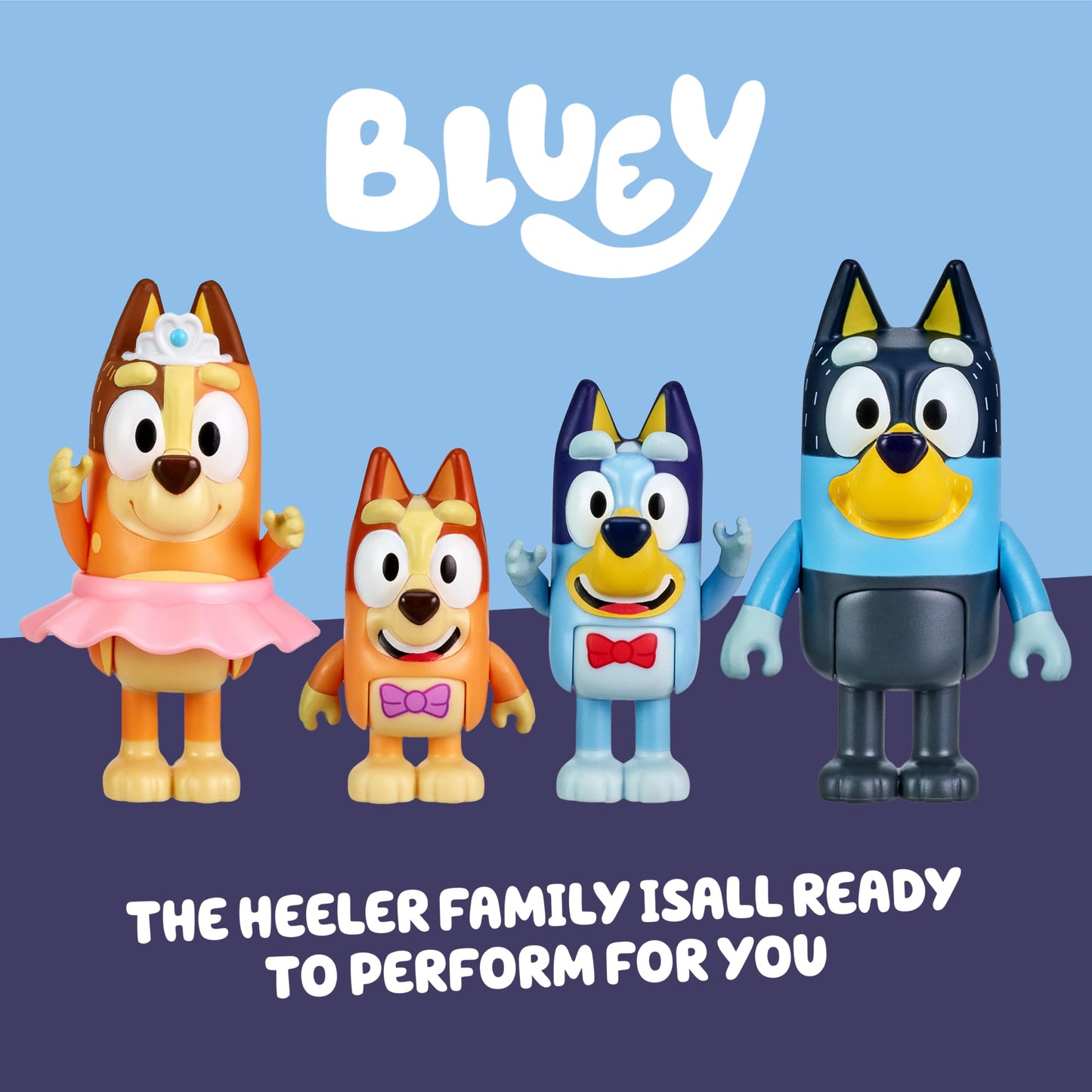 Bluey Showtime Figurine Toys Pack of 4 – Articulated Family Characters for Kids Aged 3+