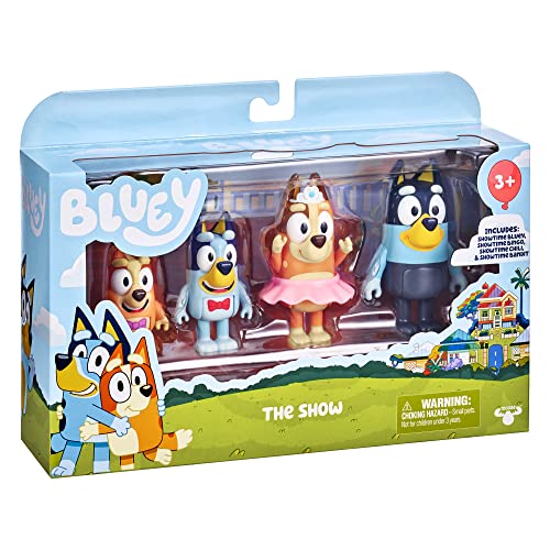 Bluey Showtime Figurine Toys Pack of 4 – Articulated Family Characters for Kids Aged 3+