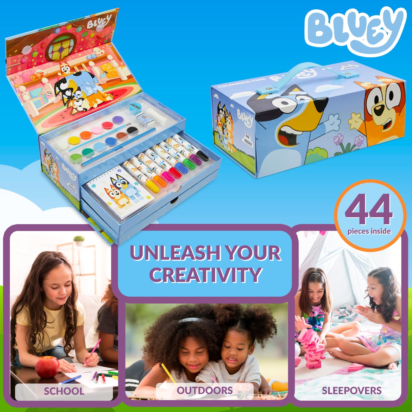 Bluey Colored Pencils Art Kit – Travel Case for Kids (Blue 3 Tier)