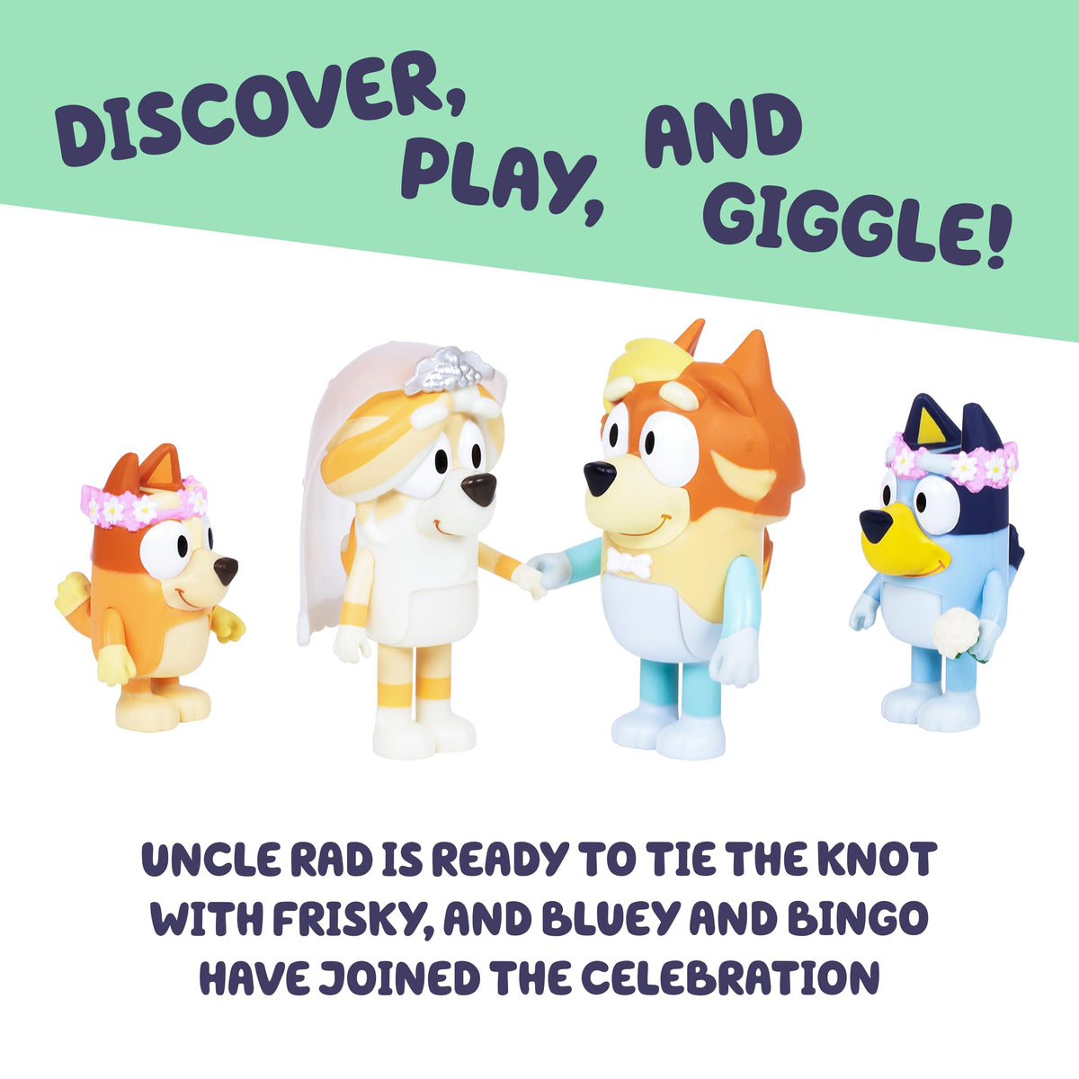 Bluey Wedding Figures Pack — 4 Articulated Characters (Uncle Rad, Frisky, Bingo) | Ages 3+