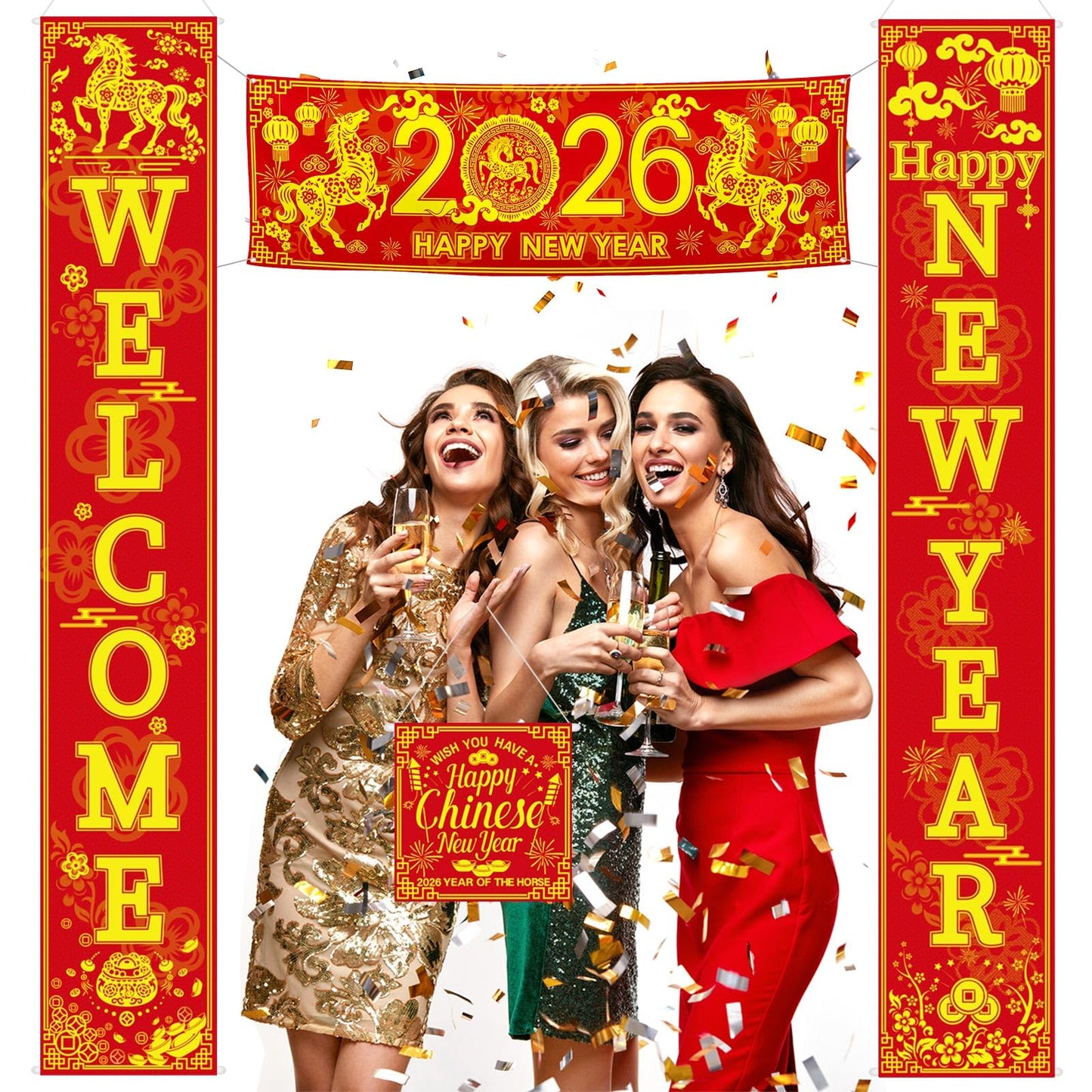 Blulu 4 Pcs Chinese New Year Decorations 2026 Year of the Horse – Welcome Porch Sign Set