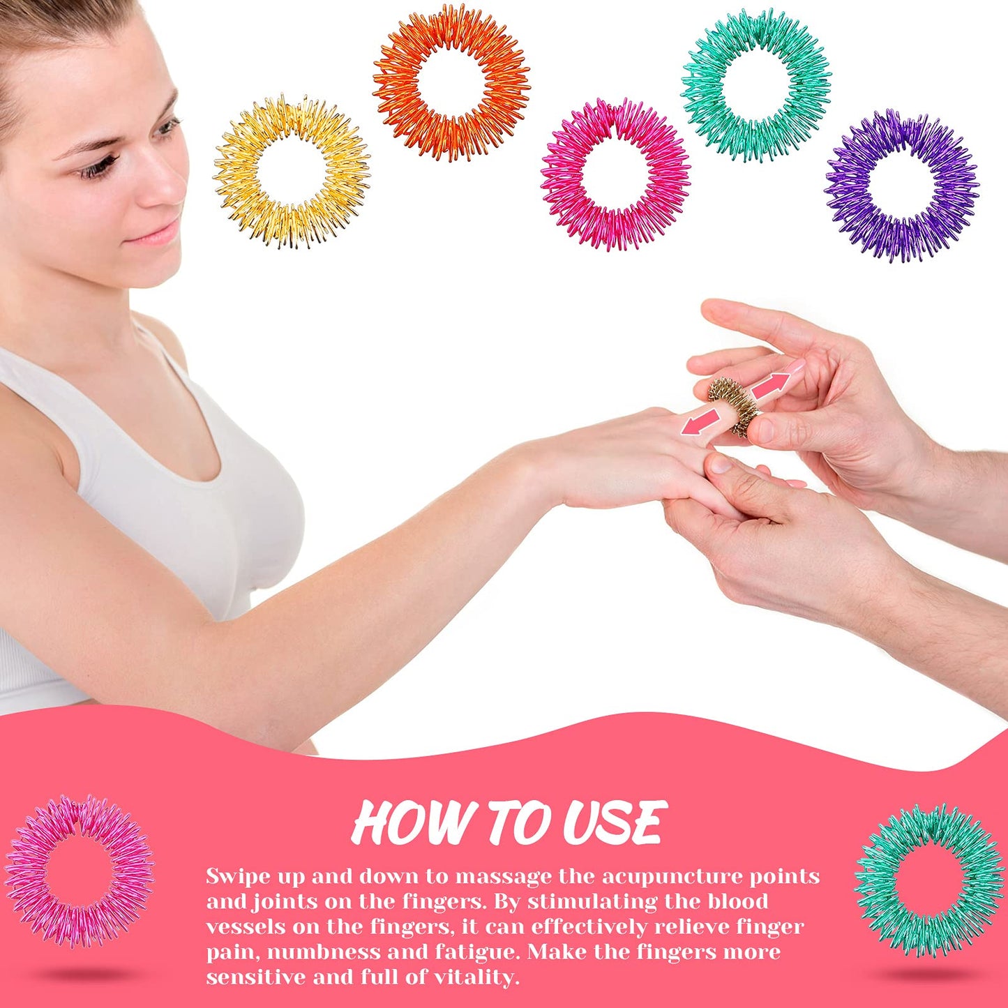 Blulu 50 Pcs Acupressure Fidget Rings – Spiky Sensory Rings for Stress Relief and Focus (Orange, Yellow, Purple, Green, Rose Red)