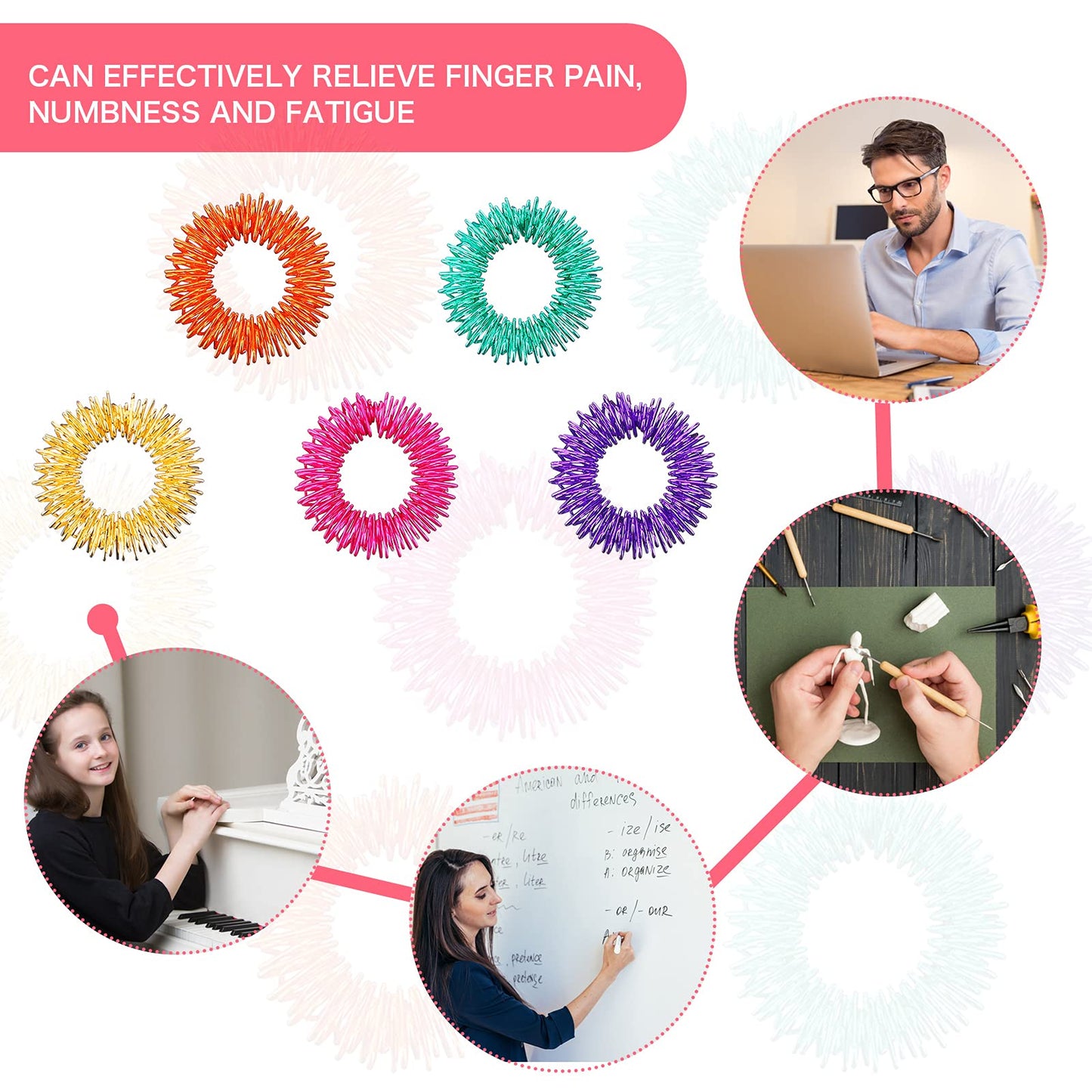 Blulu 50 Pcs Acupressure Fidget Rings – Spiky Sensory Rings for Stress Relief and Focus (Orange, Yellow, Purple, Green, Rose Red)