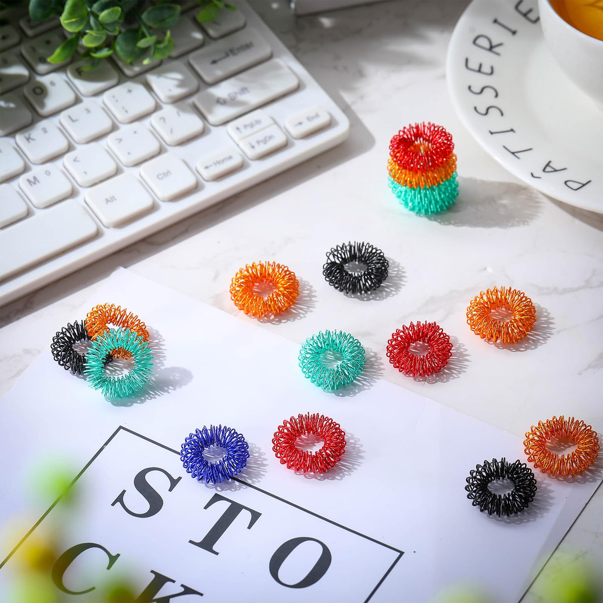 Blulu 50 Pcs Acupressure Fidget Rings – Spiky Finger Massager Set (Orange, Red, Green, Black, Dark Blue)