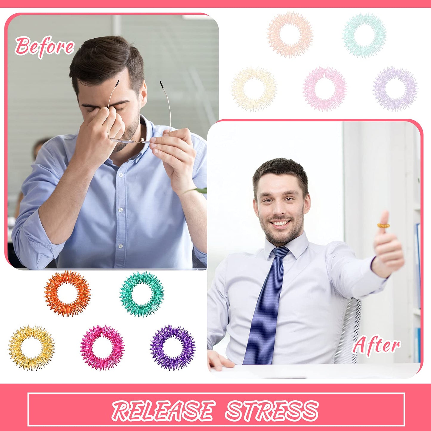 Blulu 50 Pcs Acupressure Fidget Rings – Spiky Sensory Rings for Stress Relief and Focus (Orange, Yellow, Purple, Green, Rose Red)