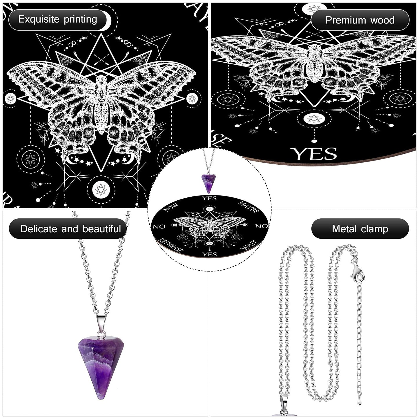 Blulu Pendulum Board Set — Butterfly Pattern Wooden Dowsing Board + Amethyst Necklace