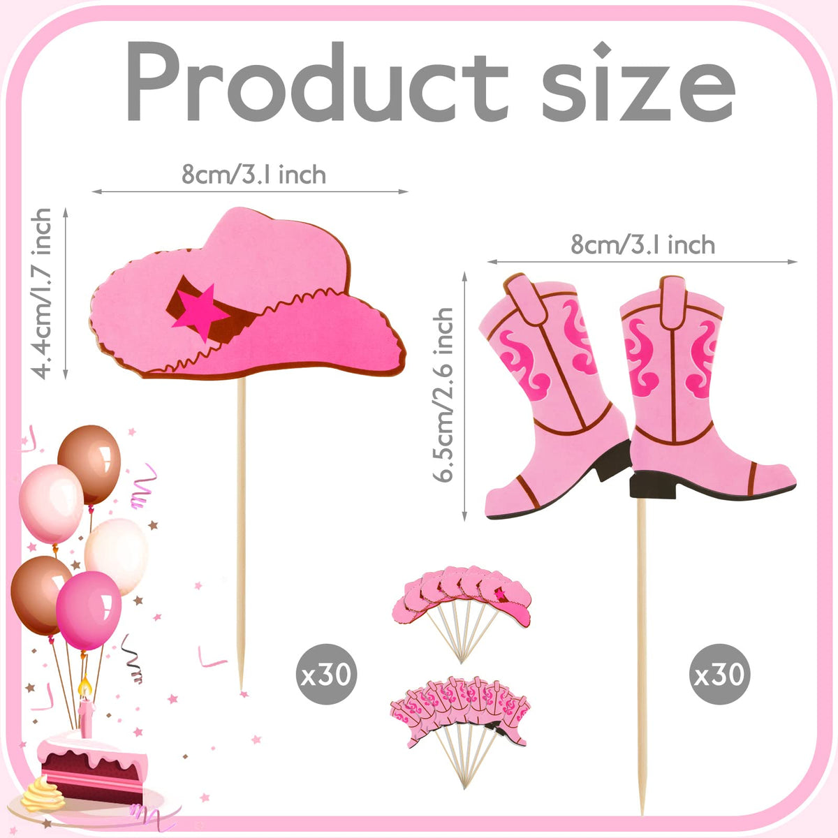 Blulu 60Pcs Cowboy Hat & Boot Cupcake Toppers - Pink Western Party Decor