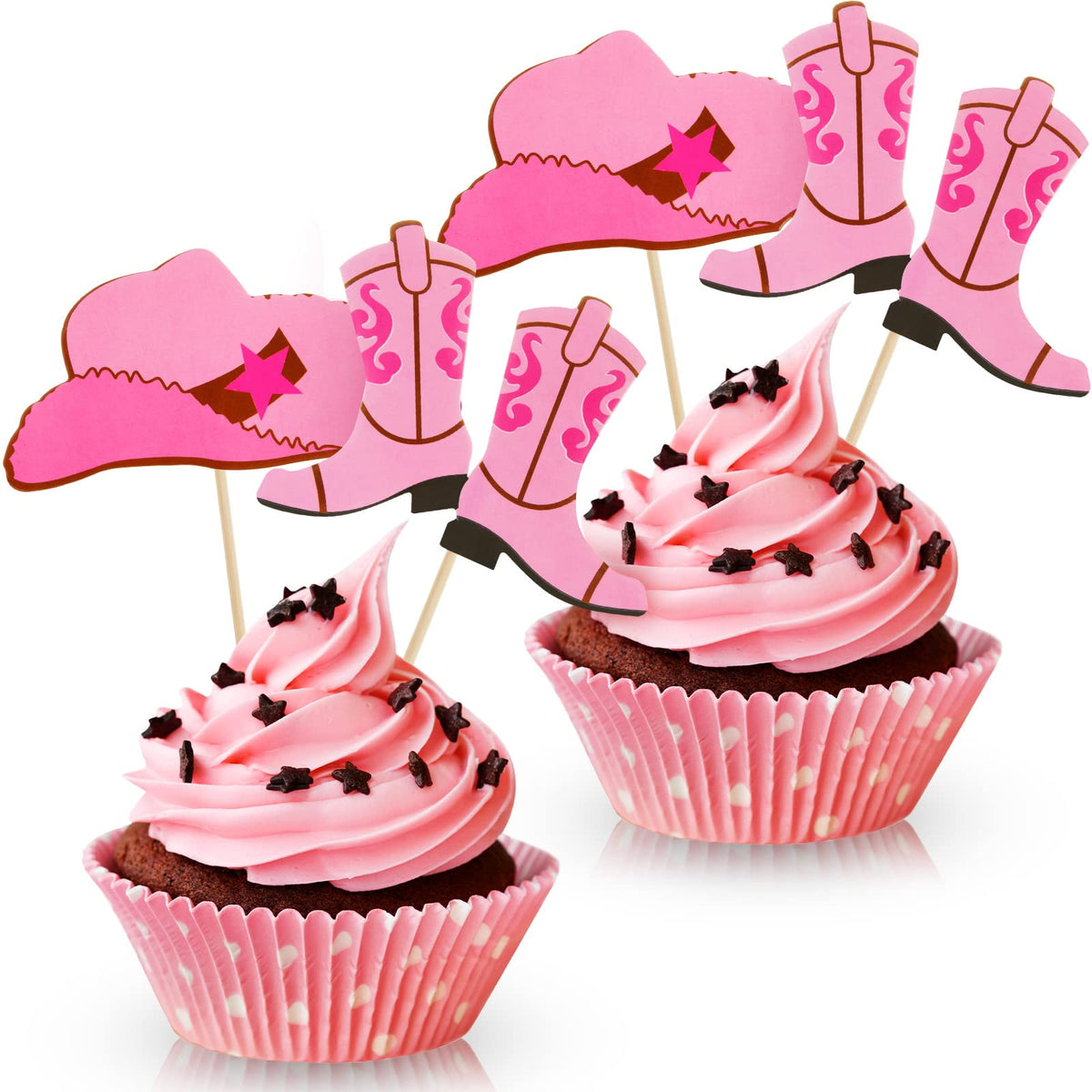 Blulu 60Pcs Cowboy Hat & Boot Cupcake Toppers - Pink Western Party Decor