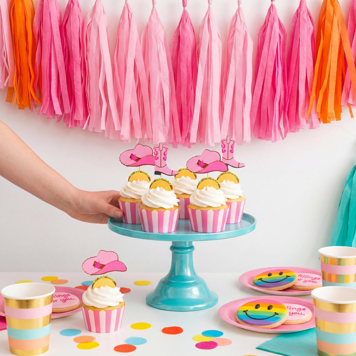 Blulu 60Pcs Cowboy Hat & Boot Cupcake Toppers - Pink Western Party Decor