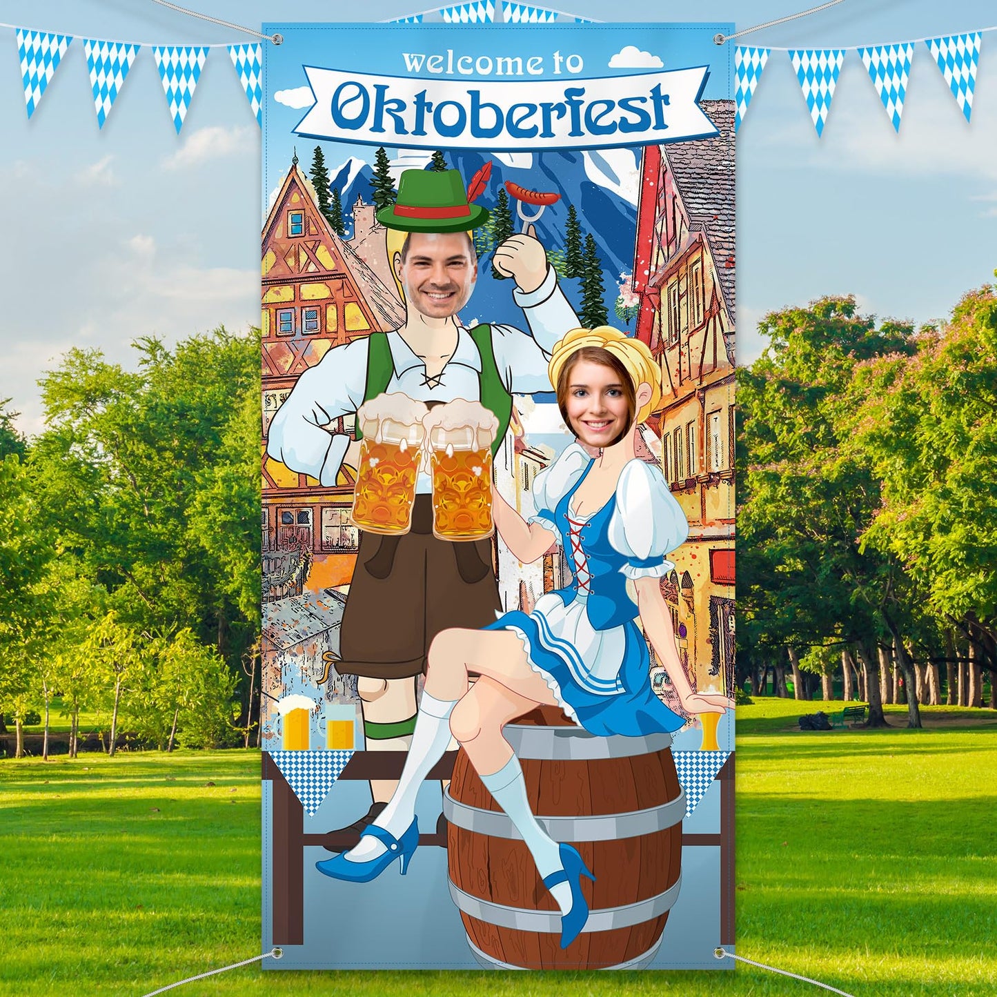 Blulu Oktoberfest Photo Prop Backdrop – Giant Fabric Photo Booth 6x3 ft for Bavarian Party