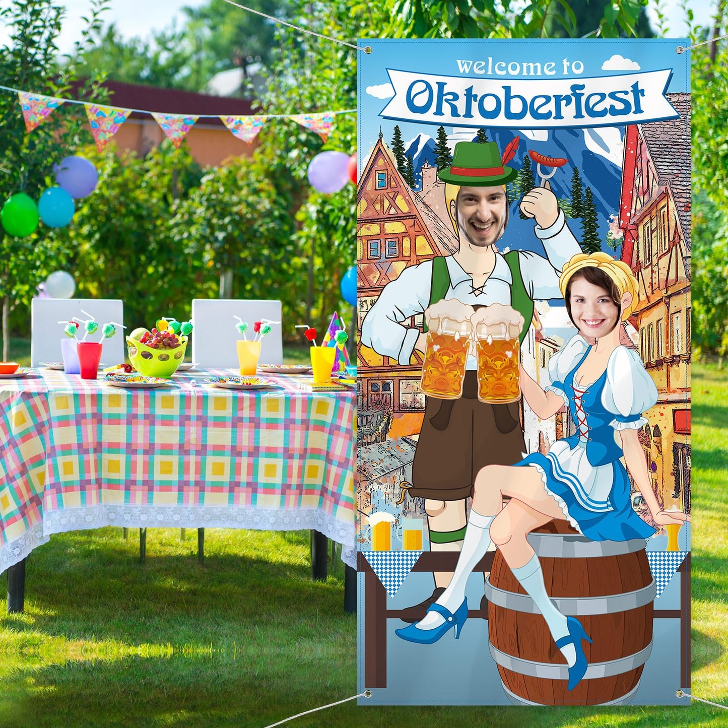 Blulu Oktoberfest Photo Prop Backdrop – Giant Fabric Photo Booth 6x3 ft for Bavarian Party