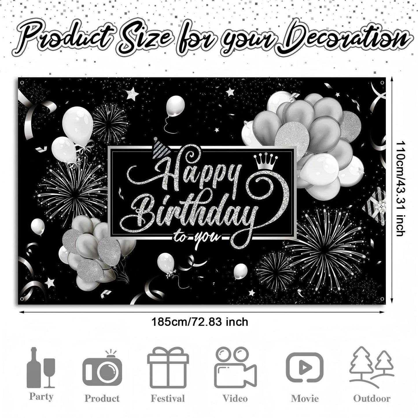 Blulu Happy Birthday Backdrop Banner 72.8 x 43.3 in – Black & Silver Glitter Photo Backdrop for Parties