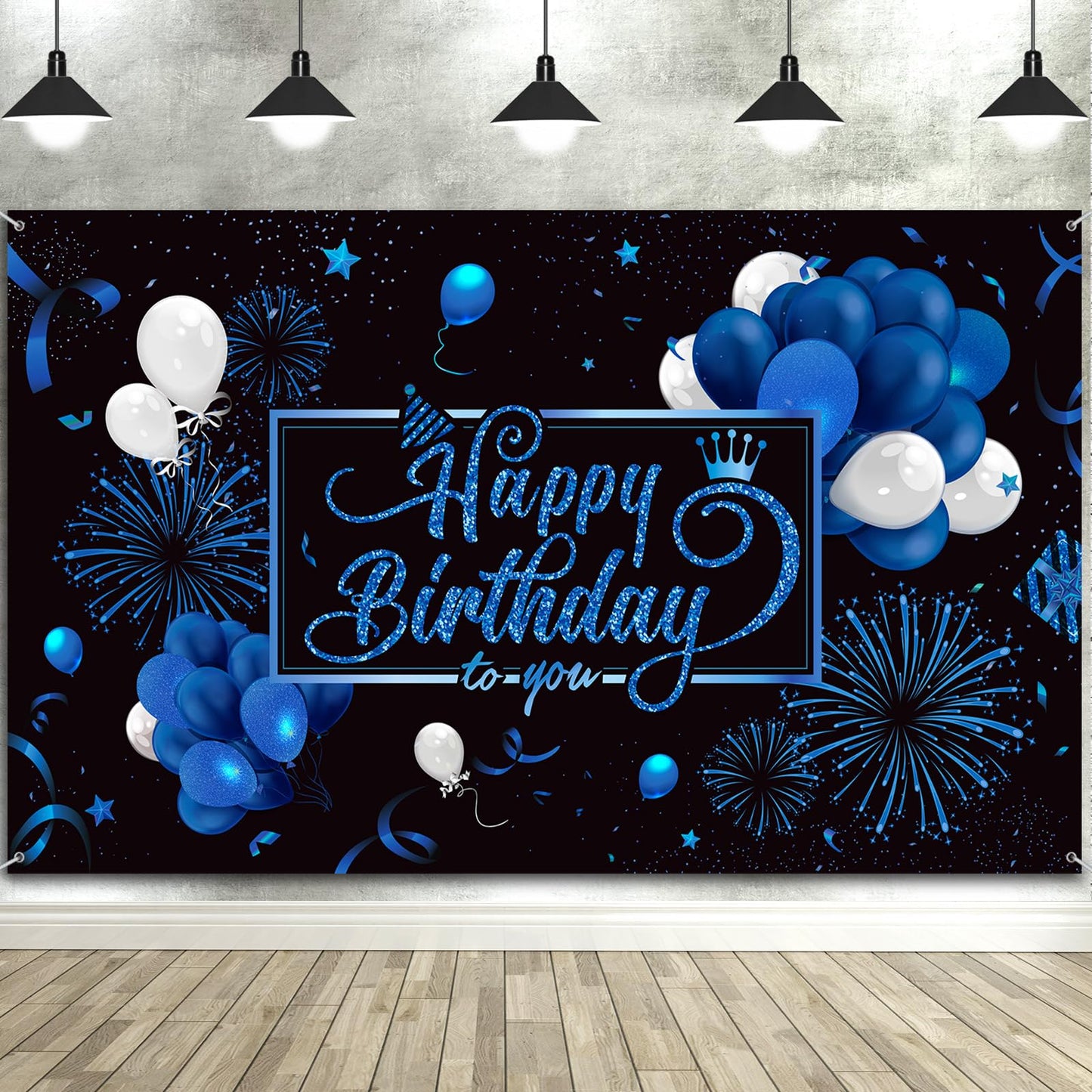 Blulu Happy Birthday Backdrop Banner – Large Blue Fabric with Glitter Balloons & Fireworks, 72.8 x 43.3 in