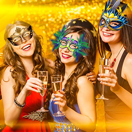 Blulu 24 Pcs Mardi Gras Masks – Faux Feather Cardboard Masquerade for Carnival