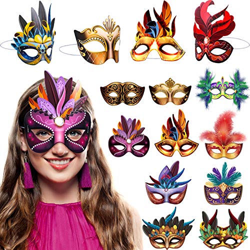 Blulu 24 Pcs Mardi Gras Masks – Faux Feather Cardboard Masquerade for Carnival