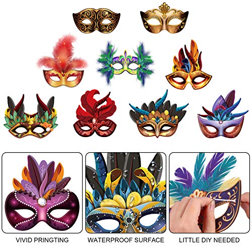 Blulu 24 Pcs Mardi Gras Masks – Faux Feather Cardboard Masquerade for Carnival