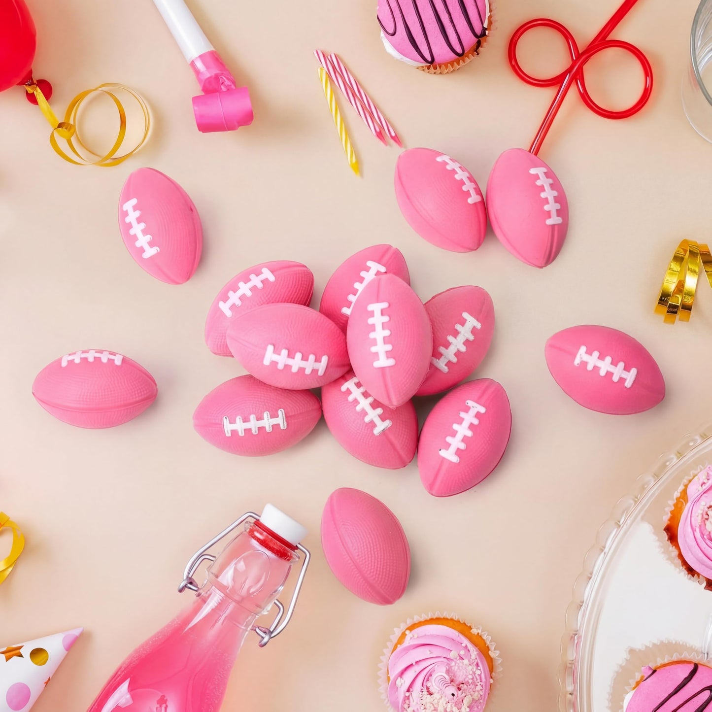 Blulu 50 Pack Mini Foam Footballs – Pink 2.17in Foam Balls for Party Favors