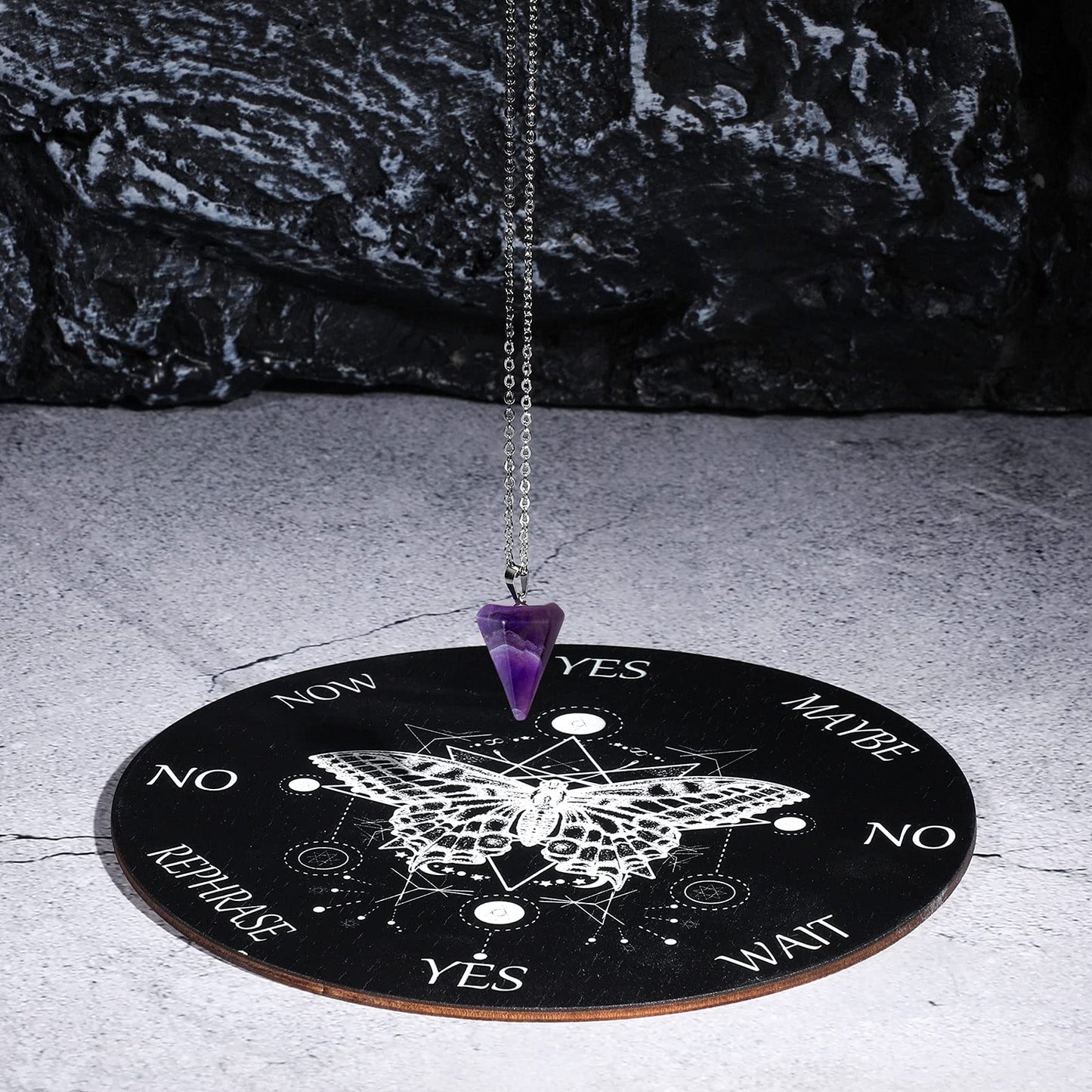 Blulu Pendulum Board Set — Butterfly Pattern Wooden Dowsing Board + Amethyst Necklace