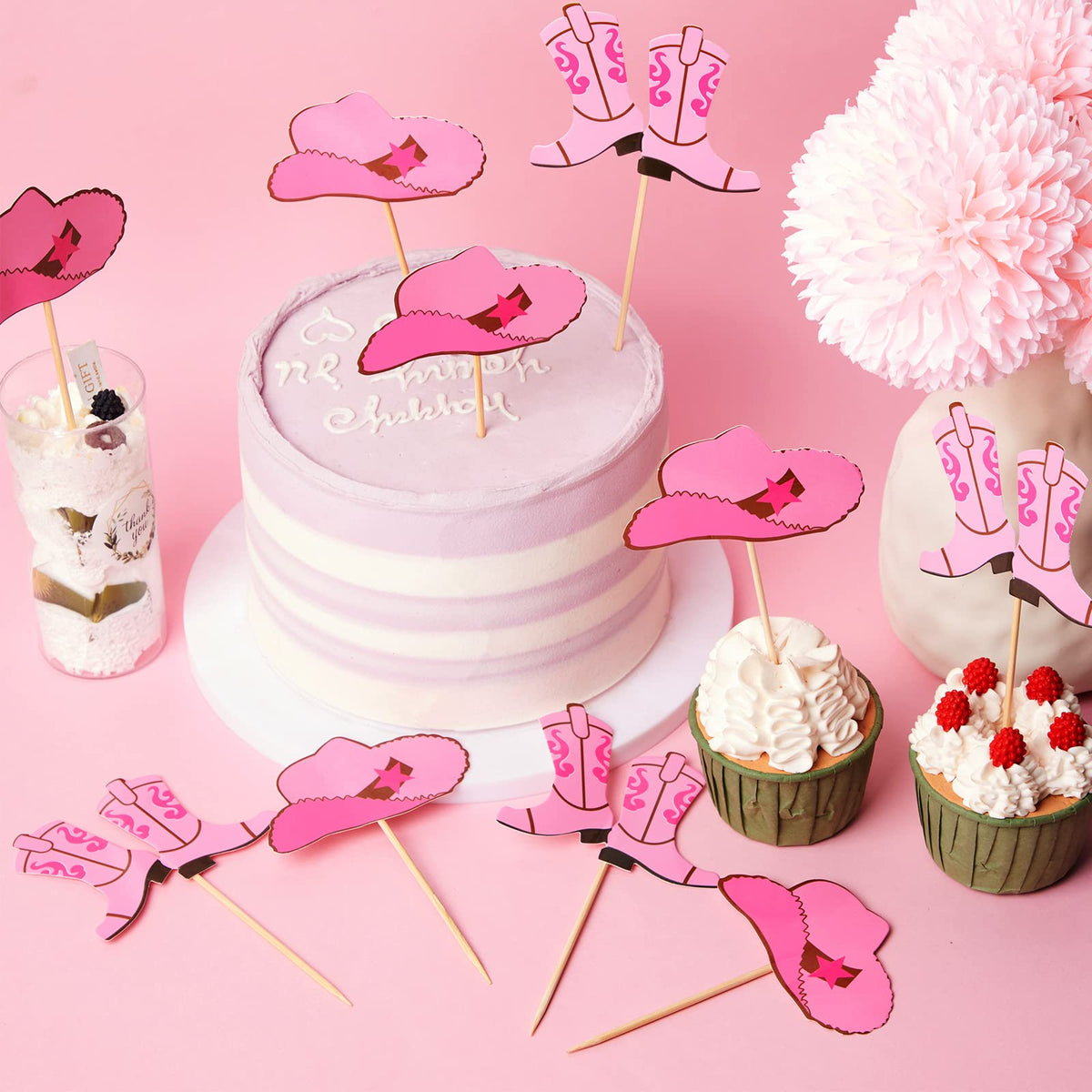 Blulu 60Pcs Cowboy Hat & Boot Cupcake Toppers - Pink Western Party Decor