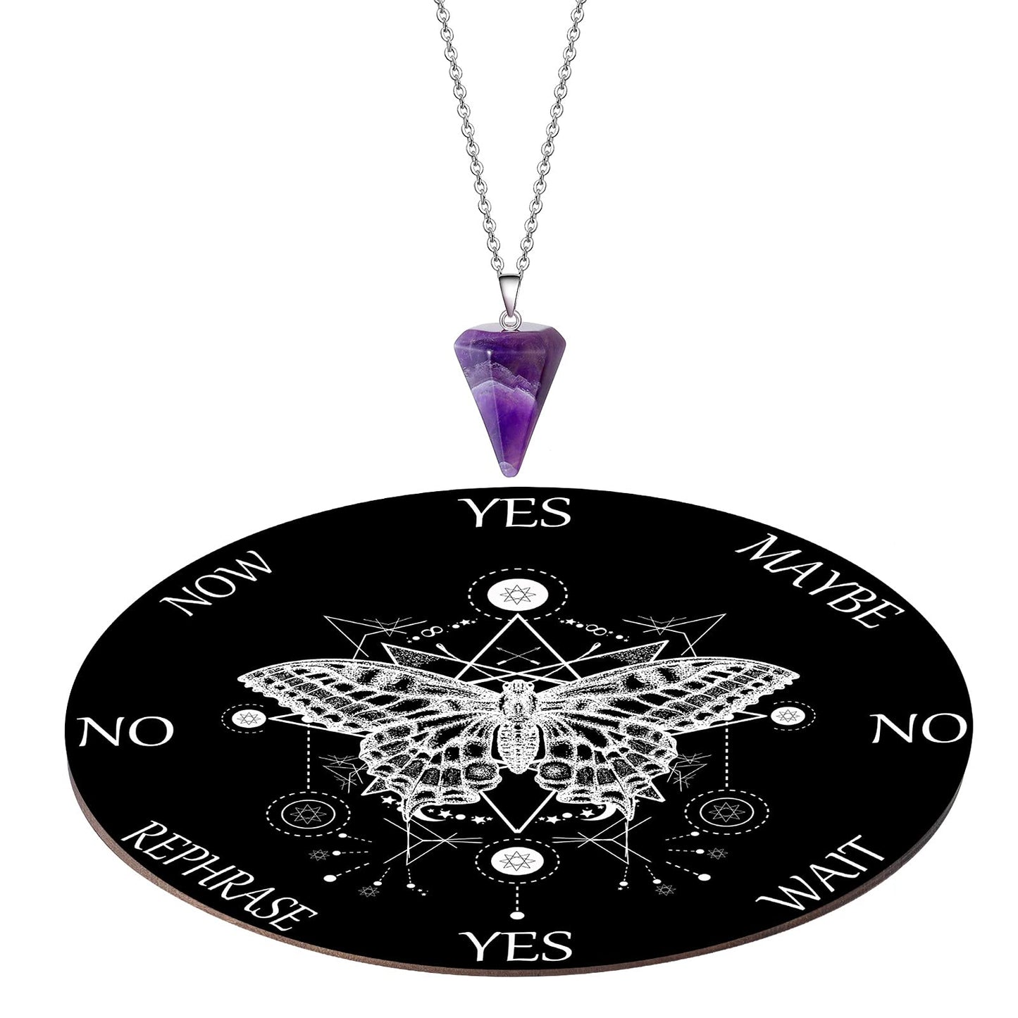 Blulu Pendulum Board Set — Butterfly Pattern Wooden Dowsing Board + Amethyst Necklace