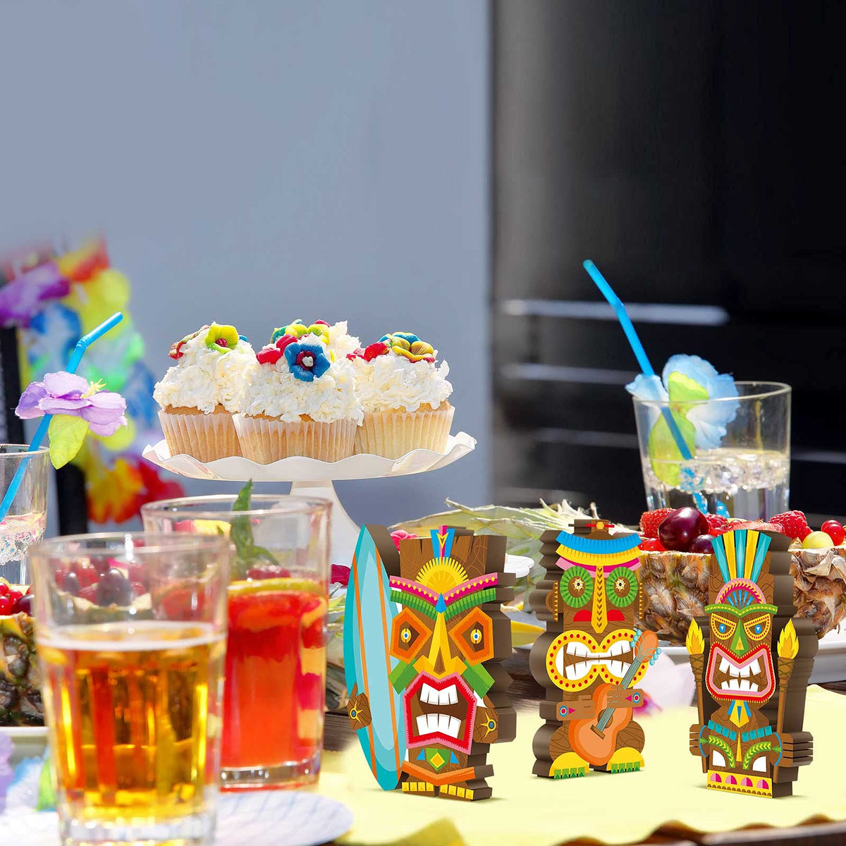 Blulu 3 Pcs Tiki Party Decor – Hawaiian Luau Wooden Signs & Table Centerpieces (Classic, 5.11 inch)