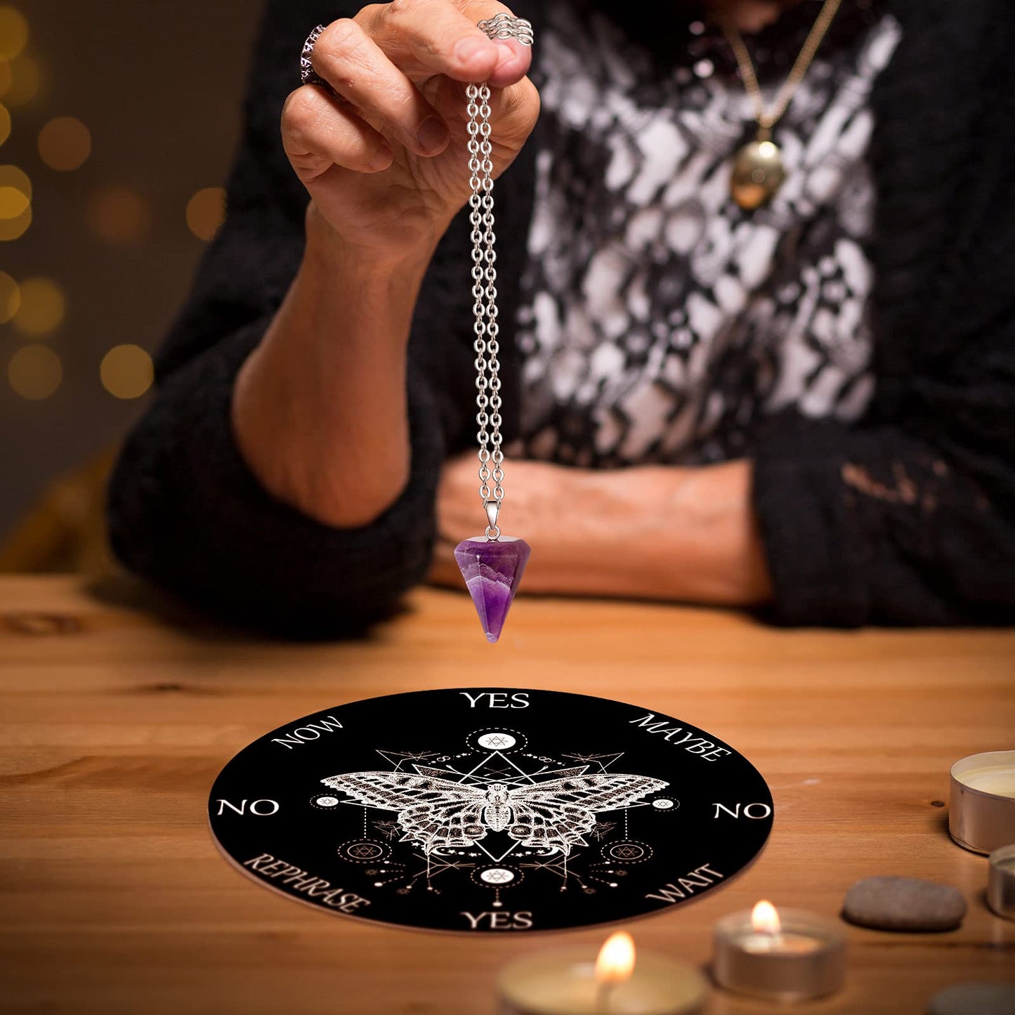 Blulu Pendulum Board Set — Butterfly Pattern Wooden Dowsing Board + Amethyst Necklace
