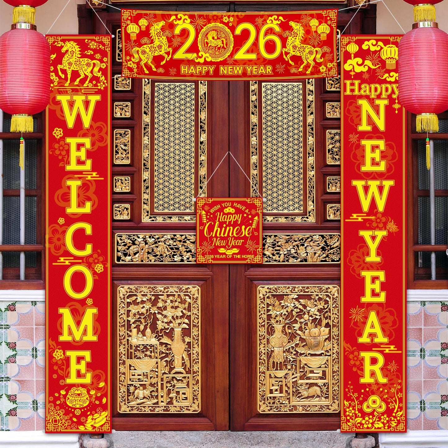 Blulu 4 Pcs Chinese New Year Decorations 2026 Year of the Horse – Welcome Porch Sign Set