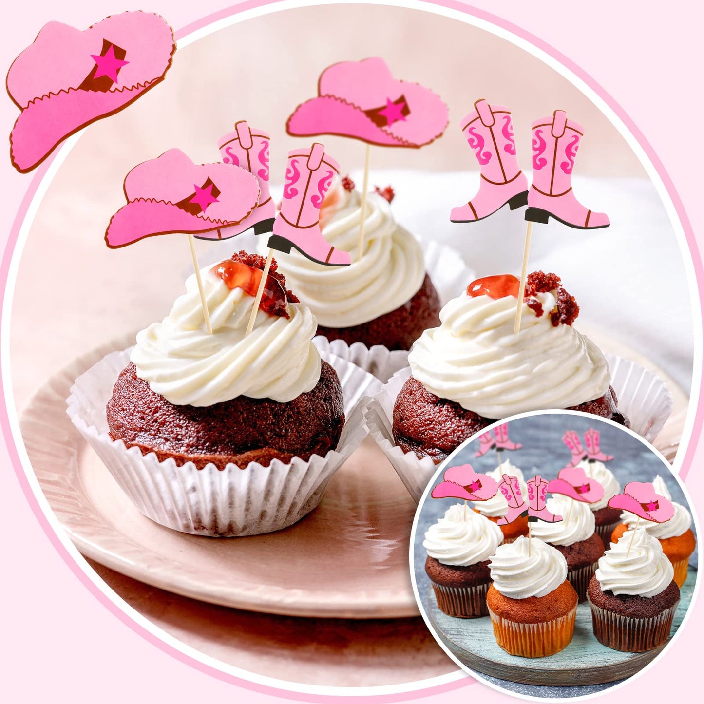 Blulu 60Pcs Cowboy Hat & Boot Cupcake Toppers - Pink Western Party Decor