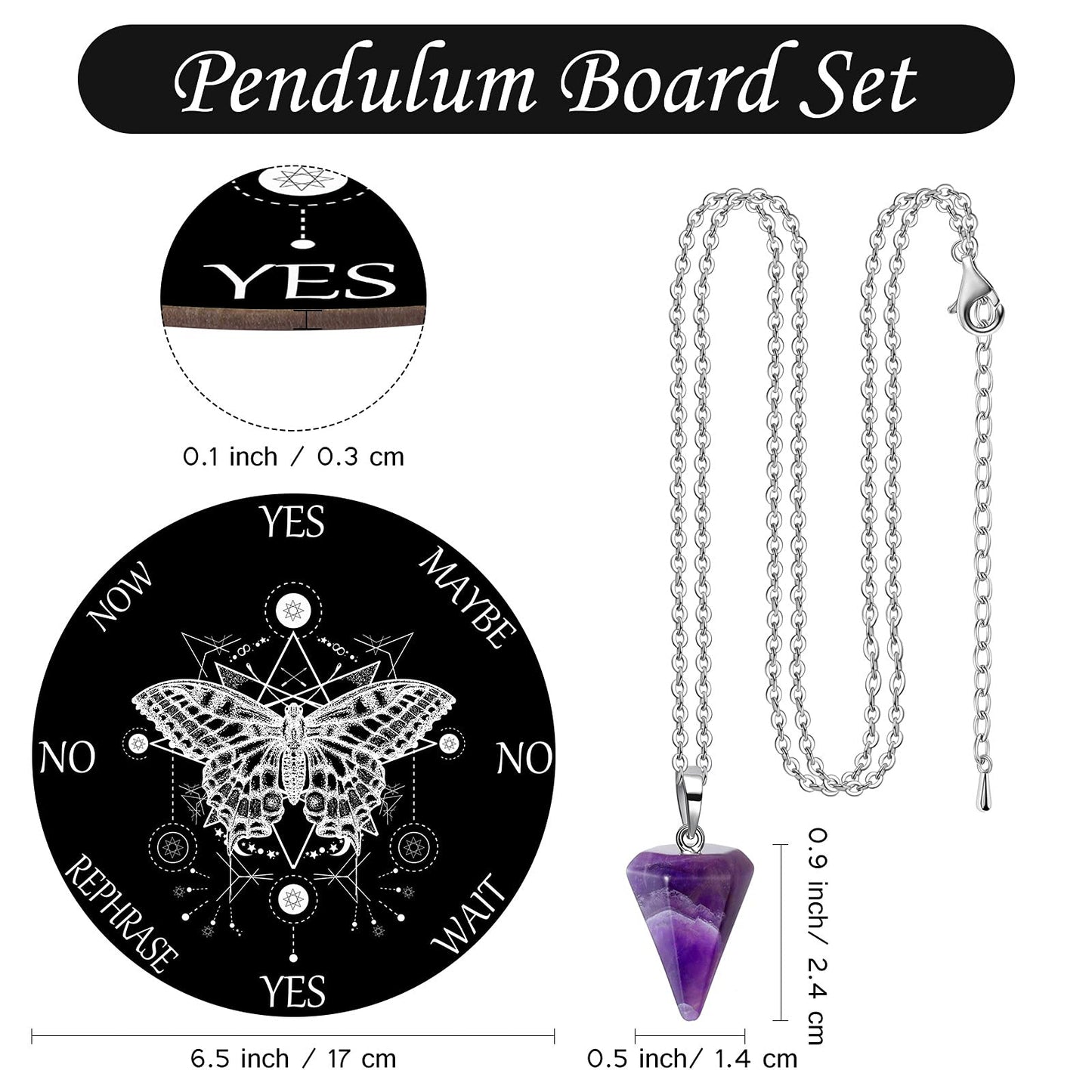 Blulu Pendulum Board Set — Butterfly Pattern Wooden Dowsing Board + Amethyst Necklace